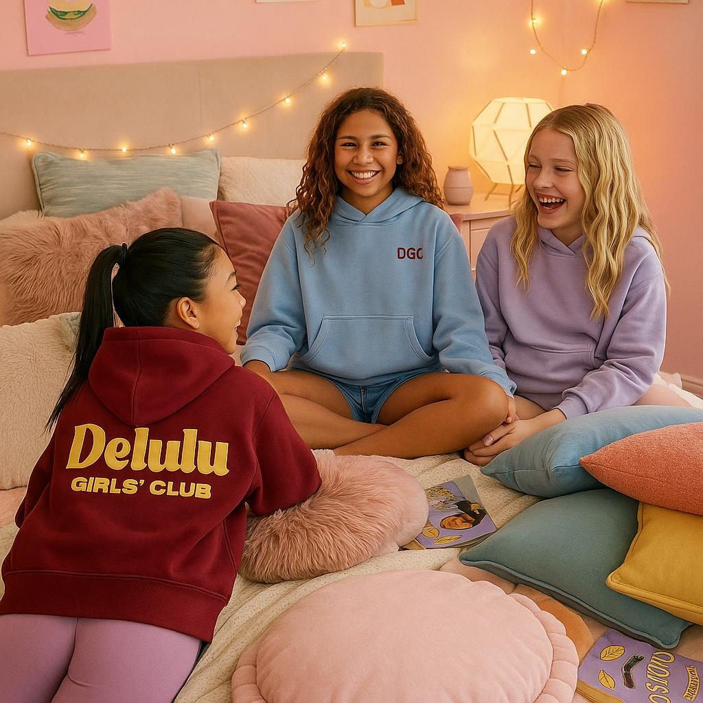 Friends wearing Delulu Girls' Club hoodies